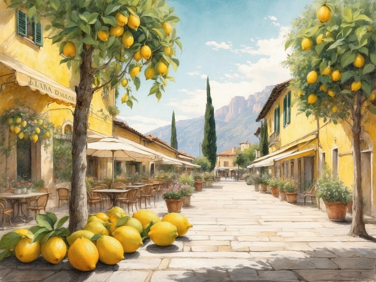 Eine charmante Gasse in Limone sul Garda am Gardasee, umgeben von leuchtend gelben Zitronenbäumen. Im Vordergrund liegen frische Zitronen auf dem Kopfsteinpflaster, während sich gemütliche Cafés mit Sonnenschirmen an den Seiten der Gasse gruppieren. Die klassisch gelben Gebäude strahlen mediterranen Charme aus, während im Hintergrund die imposanten Berge die Szenerie abrunden. Der Himmel ist klar blau, was zur malerischen Atmosphäre beiträgt.