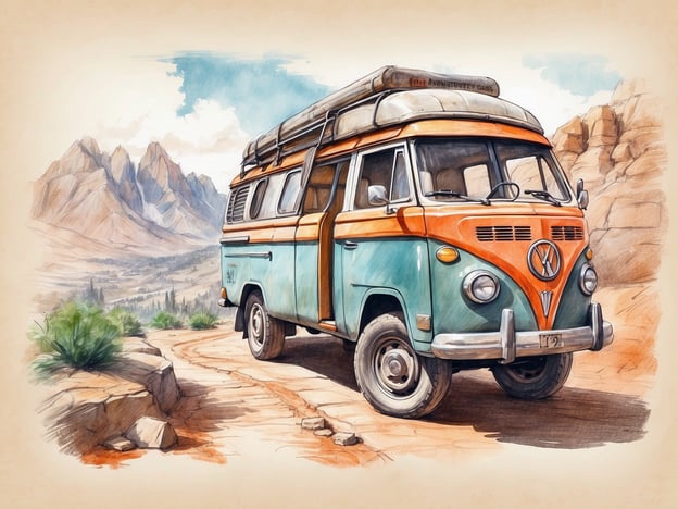 Auf dem Bild ist ein farbenfroher VW-Bus zu sehen, der auf einem kurvigen Weg in einer malerischen Berglandschaft steht. Diese Szenerie könnte eine ideale Kulisse für verschiedene Freizeitangebote und Aktivitäten bieten, wie zum Beispiel:

1. **Camping**: Der VW-Bus ist perfekt für einen Campingausflug geeignet, um die Natur hautnah zu erleben.
2. **Wanderungen**: Die umliegenden Berge laden dazu ein, die Umgebung zu Fuß zu erkunden und Wanderungen zu unternehmen.
3. **Fahrradtouren**: Die Landschaft könnte auch ideale Strecken für Mountainbiketouren bieten.
4. **Fotografie**: Diese malerische Kulisse ist ein Traum für Fotografen, die die Schönheit der Natur festhalten möchten.
5. **Picknicks**: Ein gemütliches Picknick in der Natur wäre ebenfalls eine schöne Aktivität.

Insgesamt vermittelt das Bild ein Gefühl von Abenteuer und Freizeitgestaltung in der Natur.