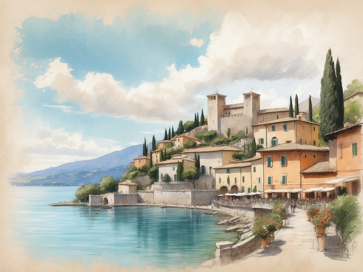 Die malerische Landschaft von Manerba del Garda am Gardasee zeigt eine idyllische Uferpromenade, gesäumt von bunten Häusern mit Terrassen und Cafés, die Blick auf das Wasser bieten. Im Hintergrund erhebt sich die berühmte Rocca di Manerba, umgeben von üppigem Grün und Zypressen. Der Himmel ist hellblau mit einigen Wolken, während das ruhige Wasser des Sees sanft an die Ufersteine plätschert. Die Szene strahlt eine entspannte, mediterrane Atmosphäre aus, ideal für einen Besuch in dieser reizvollen Region.