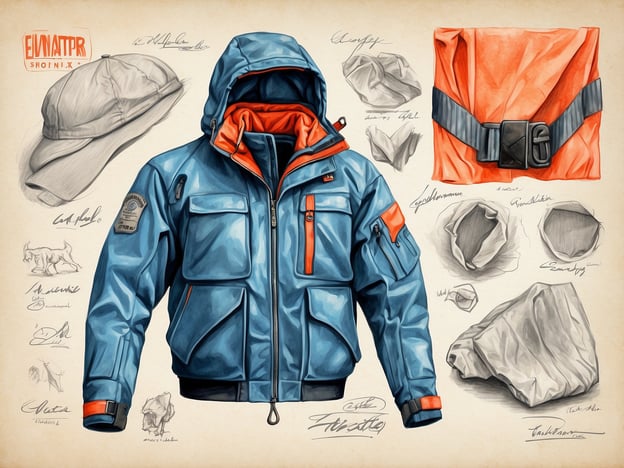 Auf dem Bild sind verschiedene Artikel für Outdoor-Aktivitäten zu sehen. Im Mittelpunkt liegt eine blaue, wetterfeste Jacke mit einem orangefarbenen Innenfutter und mehreren Taschen. Daneben sind eine graue Mütze und eine orangefarbene Tasche abgebildet. Es gibt zudem Skizzen und Zeichnungen von zerknülltem Material oder Zubehör, die möglicherweise die Vielseitigkeit und Funktionalität des Equipments zeigen. Das Bild scheint eine Art Entwurf oder Konzept für Outdoor-Bekleidung zu sein.