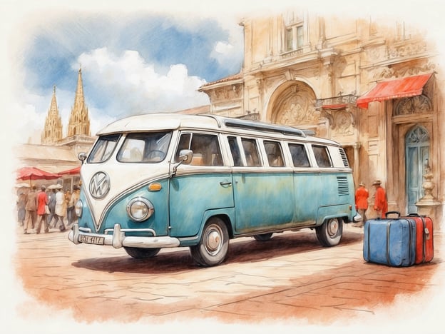 Auf dem Bild ist ein nostalgischer VW-Bus in einer malerischen Umgebung zu sehen. Der Bus hat eine ansprechende zweifarbige Lackierung in Blau und Weiß, die an vergangene Zeiten erinnert. Im Hintergrund sind imposante Gebäude und Türme zu erkennen, die eine historische Atmosphäre schaffen. Zudem stehen zwei Koffer – einer rot und einer blau – neben dem Bus, was auf eine Reise oder einen besonderen Ausflug hindeutet. Die Szene strahlt eine freundliche, einladende Stimmung aus, perfekt für einen unvergesslichen Tag.