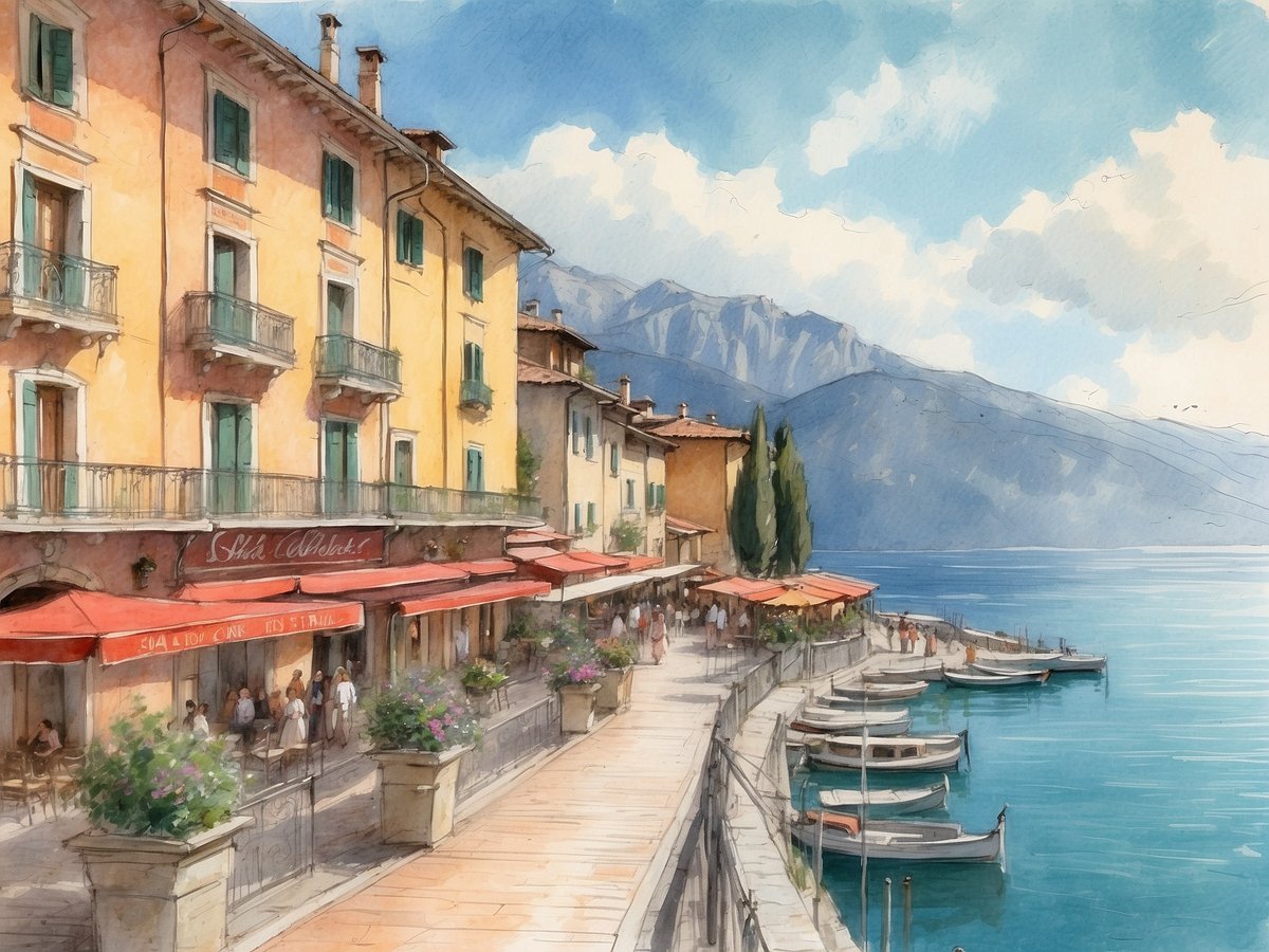 Eine malerische Szene in Salò am Gardasee zeigt eine elegante Stadt mit bunten, historischen Gebäuden entlang der Uferpromenade. Die gelben Fassaden der Häuser heben sich vor einem strahlend blauen Himmel und den sanften, bewaldeten Bergen im Hintergrund ab. Auf der Promenade sitzen Menschen unter roten Sonnenschirmen in einem Café, während Pflanzkübel mit bunten Blumen die Szenerie verschönern. Am ruhigen Wasser sind mehrere kleine Boote zu sehen, die sanft schwanken, und Spaziergänger flanieren entlang des Wassers.