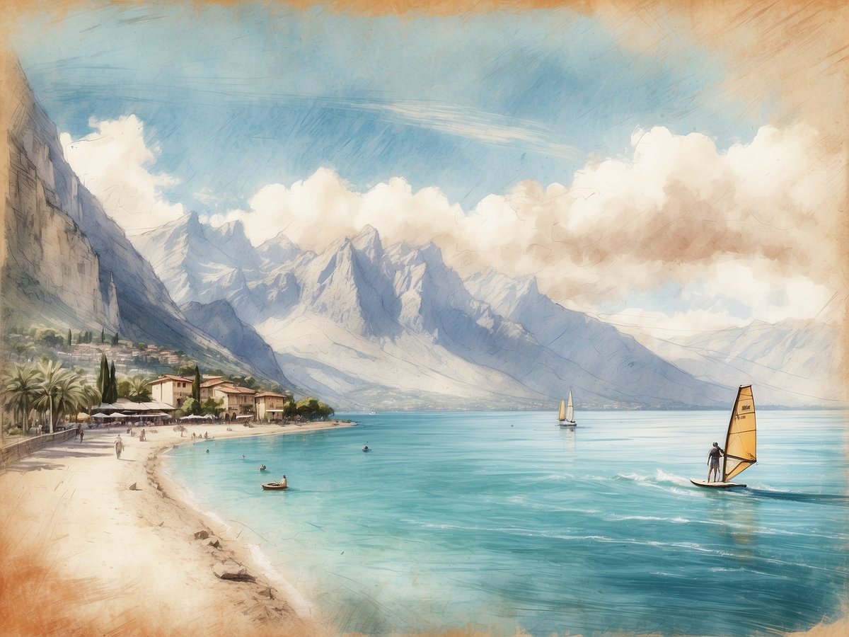Blick auf den Gardasee in Torbole-Nago, umgeben von beeindruckenden Bergen und einer malerischen Küstenlinie. Am klaren, blauen Wasser sind Windsurfer zu sehen, die die idealen Bedingungen nutzen, während Segelboote sanft im Hintergrund fahren. Die Uferpromenade ist mit Palmen gesäumt, und am Strand genießen Menschen die Sonne und die frische Luft. Die Szene strahlt eine entspannte Urlaubsatmosphäre aus und zeigt den perfekten Ort für Wassersportler.