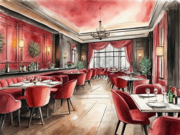 Auf dem Bild ist ein elegantes Restaurant zu sehen. Es hat ein ansprechendes Interieur mit roten Sitzplätzen, einem langen Tisch und dekorativen Elementen wie Pflanzen und Lampen. Der Raum wirkt stilvoll und einladend, ideal für ein romantisches Abendessen oder besondere Anlässe. Es gibt eine Bar mit vielen Weinflaschen im Hintergrund, was darauf hinweist, dass hier auch Drinks serviert werden. Die Atmosphäre wirkt insgesamt gemütlich und freundlich.