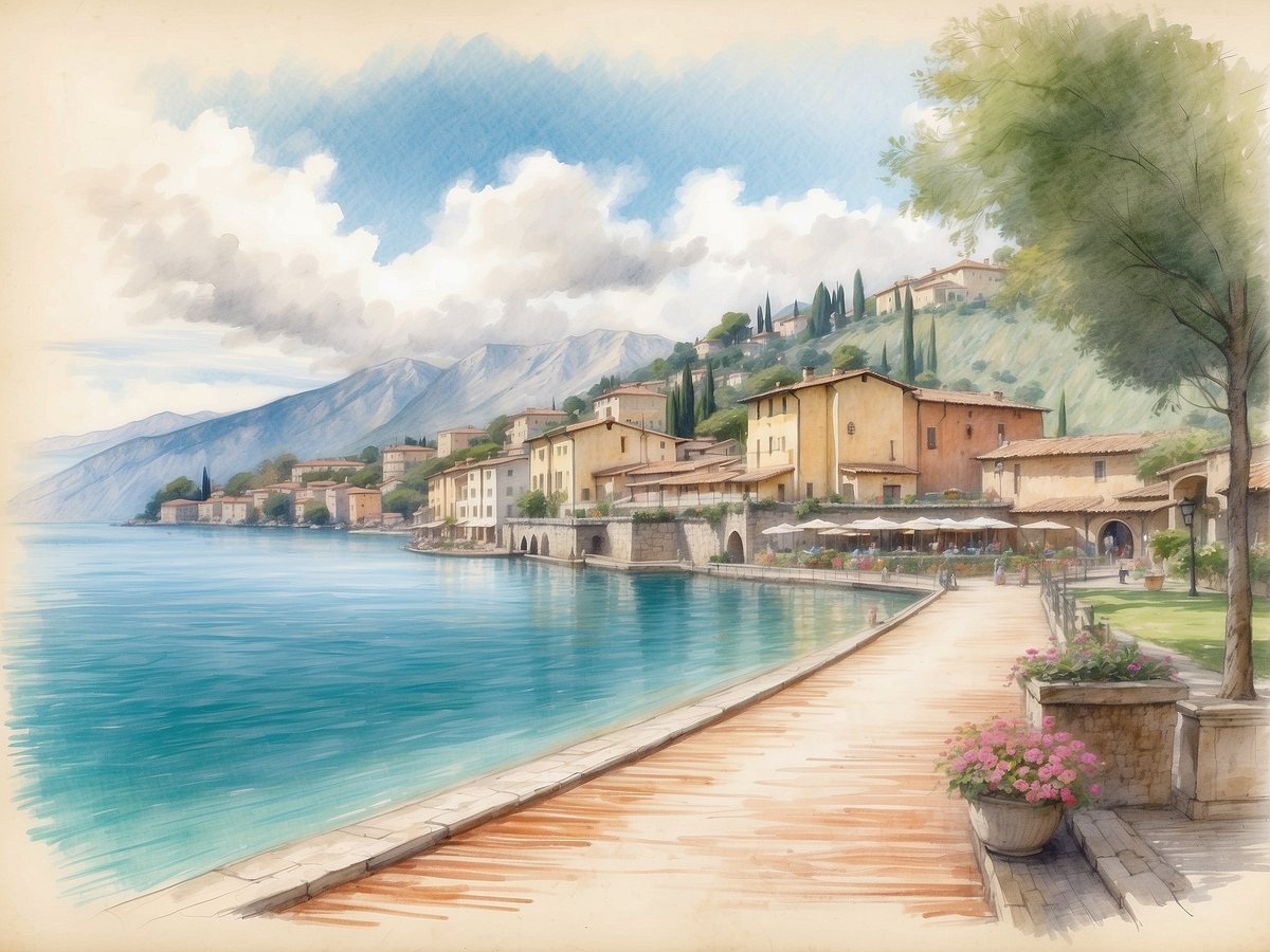 Eine malerische Uferpromenade in Toscolano-Maderno am Gardasee mit ruhigem, türkisfarbenem Wasser und einer sanften Wellenbewegung. Am Ufer stehen historische Gebäude in warmen Farben, umgeben von grünen Hügeln und Zypressen. Touristen schlendern entlang der Promenade, einige genießen die Aussicht in Freiluftcafés mit Sonnenschirmen. Der Himmel ist teils bewölkt, was dem Bild eine romantische Atmosphäre verleiht. Die Umgebung strahlt die entspannte Schönheit des Gardasees aus, bekannt für seine Papiermühlen und schönen Strände.