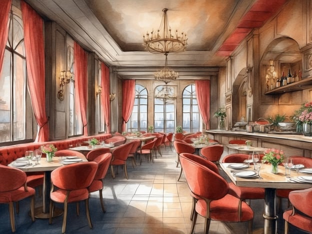 Auf dem Bild ist ein elegantes Restaurant zu sehen. Es gibt rote gepolsterte Stühle und Tische, die geschmackvoll mit Blumen und Geschirr gedeckt sind. Große Fenster sorgen für viel Licht und bieten einen Blick nach draußen. Die Wände sind mit dekorativen Elementen geschmückt, und die Atmosphäre wirkt einladend und gemütlich. Die Kombination aus stilvollen Möbeln und einer warmen Farbpalette schafft eine luxuriöse Gastronomie-Umgebung.