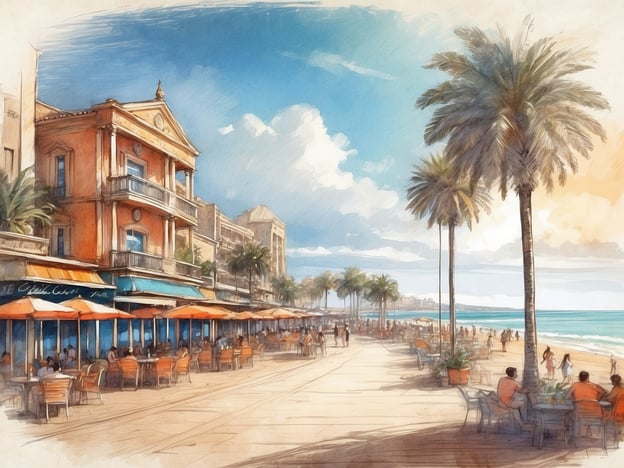 Auf dem Bild ist eine malerische Strandpromenade zu sehen, die wahrscheinlich in der Nähe des Herods Tel Aviv Hotels liegt. Man sieht eine eindrucksvolle Architektur mit bunten Gebäuden und Terrassen, auf denen Menschen unter Sonnenschirmen sitzen. Palmen säumen den Gehweg, und im Hintergrund ist das Meer zu erkennen. Die Atmosphäre wirkt entspannt und einladend, ideal für einen Tag am Strand oder einen Spaziergang entlang der Küste. Die Szene vermittelt ein Gefühl von Urlaub und Freizeit, das typisch für diese beliebte Gegend in Tel Aviv ist.