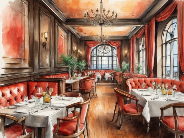 Auf dem Bild ist ein elegantes Restaurant zu sehen, das eine gehobene Atmosphäre ausstrahlt. Die Einrichtung ist geprägt von roten Polsterbänken und einem warmen Holzfußboden, was eine gemütliche und zugleich luxuriöse Stimmung schafft. Die Tische sind schön gedeckt mit weißen Tischdecken, Geschirr und Gläsern. 

Die großen Fenster lassen viel Licht herein und bieten vermutlich einen schönen Ausblick. Der Raum wird durch Kronleuchter und stilvolle Wandleuchten beleuchtet. Diese Art von Restaurant könnte Teil eines Hotels sein, das seinen Gästen exklusive Speisen und Getränke in einem ansprechenden Ambiente anbietet. 

Zusätzlich könnten in einem angrenzenden Bereich oder in der Nähe auch Bars vorhanden sein, die Cocktails und andere Getränke in einem ebenso eleganten Setting servieren.