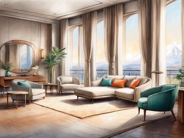 Auf dem Bild ist ein modern gestaltetes Wohnzimmer zu sehen. Es gibt große Fenster, die einen herrlichen Ausblick auf die Berge bieten. Die Räume sind hell und freundlich, mit sanften Farben. 

**Zimmer und Annehmlichkeiten:**

- **Sitzbereich:** Bequeme Sofas und Sessel mit bunten Kissen laden zum Entspannen ein.
- **Dekoration:** Ein stilvolles Sideboard mit einer Lampe und floralen Akzenten sorgt für Gemütlichkeit.
- **Beleuchtung:** Großzügige Fensterelemente bringen viel Tageslicht in den Raum.
- **Pflanzen:** Eine Pflanze bringt einen natürlichen Touch und frische Luft in die Atmosphäre.

Das insgesamt elegante Design vermittelt ein Gefühl von Luxus und Komfort.