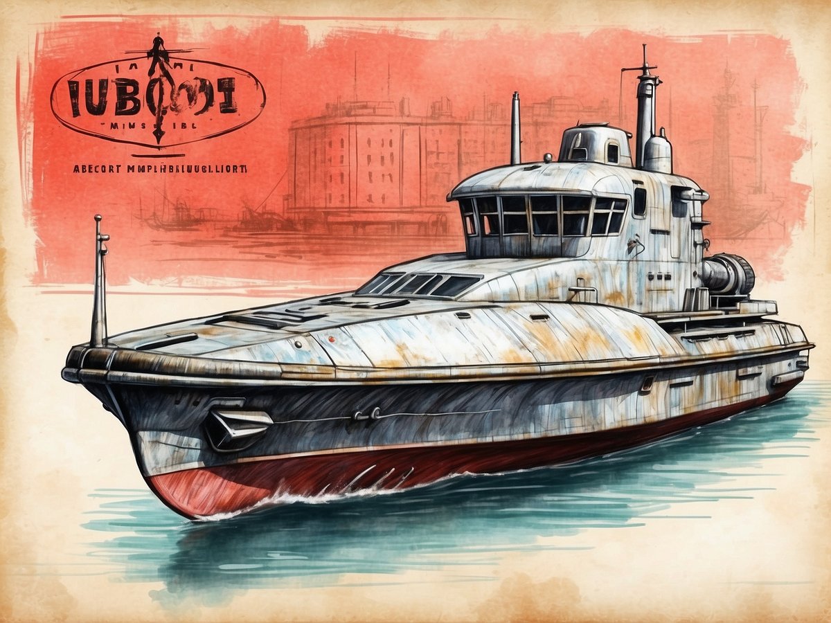 Das Bild zeigt ein nostalgisches, kunstvoll illustriertes U-Boot mit einer abgenutzten, rosten Optik, das auf ruhigem Wasser schwimmt. Im Hintergrund sind stilisierte Gebäude und Hafenanlagen zu sehen, die auf eine maritime Umgebung hinweisen. Die Farbgebung ist überwiegend in Blautönen gehalten, mit roten Akzenten am U-Boot. Im oberen Bereich des Bildes ist ein Logo mit dem Text "U-Boot" und weiteren grafischen Elementen platziert.