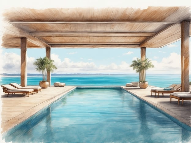 Auf dem Bild ist ein luxuriöser Poolbereich zu sehen, der eine atemberaubende Aussicht auf das Meer bietet. Einzigartige Annehmlichkeiten sind die eleganten Liegen aus Holz und der geschmackvoll gestaltete Pool, der durch großzügige Überdachungen und Säulen ergänzt wird. Die Palmen und die stilvollen Dekorationselemente schaffen eine entspannende Atmosphäre, während die sanfte Meeresbrise und das farbenfrohe Himmelsszenario eine traumhafte Kulisse bieten. Dieses Ambiente ist ideal für Erholung und Exklusivität in einem paradiesischen Setting.