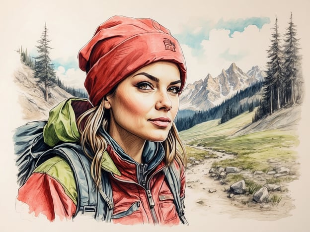 Auf dem Bild ist eine Frau zu sehen, die in der Natur unterwegs ist, was perfekt zur Idee des modernen Wanderns als Freizeitaktivität passt. Sie trägt eine bunte Wanderjacke und eine Mütze, was darauf hinweist, dass sie gut auf die Wetterbedingungen vorbereitet ist. Im Hintergrund sind wunderschöne Berge und ein bewaldetes Gebiet zu erkennen, die eine ideale Kulisse für erholsame Wanderungen bieten. Das moderne Wandern fördert nicht nur die körperliche Fitness, sondern auch das geistige Wohlbefinden, indem es die Möglichkeit bietet, die Natur zu genießen und dem Alltag zu entfliehen.