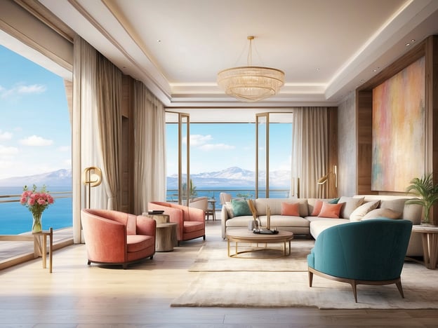 Auf dem Bild ist ein elegantes Wohnzimmer in einer Suite zu sehen. Die großen Fenster bieten einen Blick auf das Wasser und die Berge im Hintergrund. Die Einrichtung besteht aus modernen, bequemen Möbeln, darunter ein großes Sofa mit bunten Kissen und stilvolle Sessel in verschiedenen Farben. Ein Tisch aus Holz ergänzt die Einrichtung, während ein Teppich den Raum gemütlich wirken lässt. Die gedeckten Farben und das Licht von außen tragen zur entspannten Atmosphäre bei.