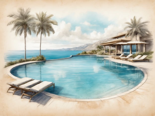 Auf dem Bild ist ein luxuriöses Resort zu sehen, das mit einer beeindruckenden Infinity-Pool-Anlage ausgestattet ist. Die palmengesäumte Umgebung und der atemberaubende Ausblick auf das Meer verstärken das Gefühl von Exklusivität und Entspannung. Sonnenliegen laden zum Verweilen ein, während die Architektur des Resorts harmonisch in die Natur integriert ist. Dieses Setting bietet die perfekten Annehmlichkeiten für einen entspannten Aufenthalt in einer paradiesischen Umgebung.