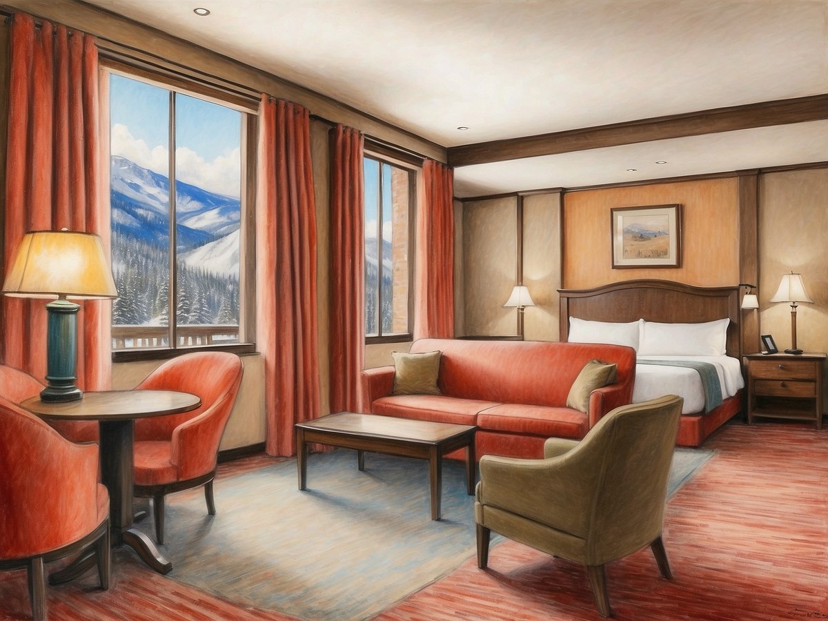 Das Bild zeigt ein elegantes Hotelzimmer im Comfort Inn Near Vail Beaver Creek. Der Raum ist hell und freundlich gestaltet mit großen Fenstern, die einen Blick auf schneebedeckte Berge ermöglichen. Die Wände sind in warmen Farbtönen gehalten, während das Mobiliar eine Mischung aus modernen und klassischen Elementen präsentiert. Ein rotes Sofa und zwei orangefarbene Stühle umgeben einen kleinen Couchtisch, ergänzt durch eine runde Tischlampe und einen weiteren Tisch. Auf der anderen Seite des Raumes steht ein komfortables Bett mit geräumigen Nachttischen. Die Atmosphäre vermittelt Gemütlichkeit und Entspannung.