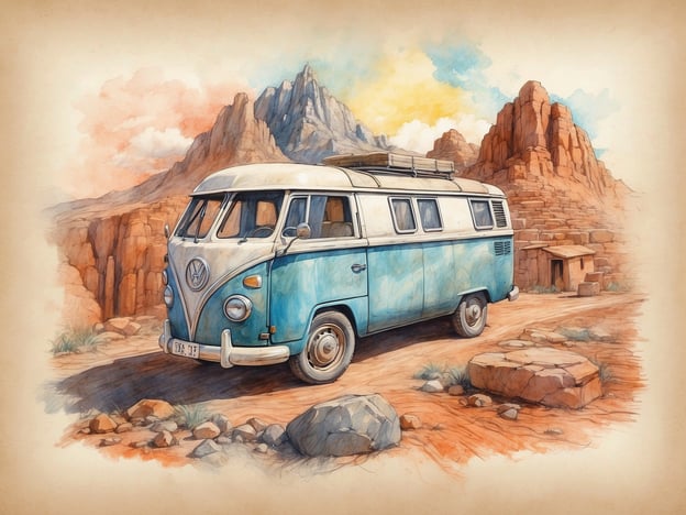 Auf dem Bild ist ein älterer Volkswagen-Bus in einem malerischen, felsigen Terrain zu sehen. Diese Art von Szene könnte Abenteuerlust und Reisen symbolisieren, ideal für Aktivitäten wie Camping oder Roadtrips. Der Bus könnte die perfekte Basis für eine Fahrt in die Natur darstellen, wo man wandern, die Landschaft erkunden oder einfach die Ruhe der Umgebung genießen kann. Der Eindruck ist, dass man mit Freunden oder der Familie auf Entdeckungstour geht, vielleicht mit einem Picknick im Gepäck.