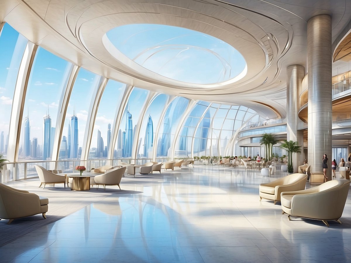 Eine moderne und helle Hotellobby mit großen Fenstern, die einen atemberaubenden Blick auf die Skyline von Dubai bieten. Die Lobby ist elegant eingerichtet mit bequemen Sesseln und Tischen. Pflanzen sind strategisch platziert und tragen zur angenehmen Atmosphäre bei. Die Wände haben eine zeitgemäße architektonische Gestaltung, und der Boden besteht aus hellem Marmor, der das Licht reflektiert. In der Ferne sind Gäste sichtbar, die sich in entspannter Umgebung aufhalten und die Aussicht genießen.