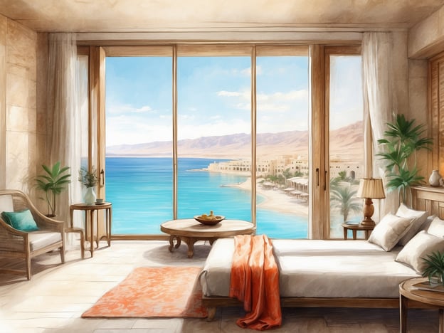 Auf dem Bild ist ein helles und elegantes Hotelzimmer mit einem großen Fenster zu sehen, das einen atemberaubenden Blick auf das Tote Meer und die umliegenden Landschaften bietet. Die Einrichtung ist modern und gemütlich, mit einem Bett, einem Tisch und bequemen Stühlen. Die Farben sind freundlich und strahlend, was eine entspannte Atmosphäre schafft.

Das Herods Dead Sea Hotel ist bekannt für seine luxuriöse Ausstattung und die malerische Lage am Toten Meer. Es bietet seinen Gästen verschiedene Annehmlichkeiten wie Spa-Dienstleistungen, Pools und direkten Zugang zum Strand. Die Umgebung lädt zu Entspannung und Erholung ein, während die Kulisse der Wüste eine einzigartige Atmosphäre schafft.