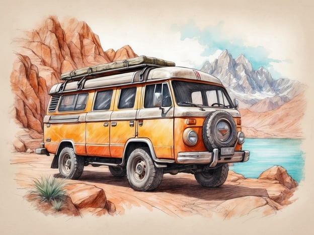 Auf dem Bild ist ein klassischer orangefarbener VW-Bus zu sehen, der in einer beeindruckenden Landschaft mit Bergen und einem See geparkt ist. Diese Szene vermittelt ein Gefühl von Abenteuer und Freiheit. 

Einzigartige Angebote und Aktivitäten könnten in diesem Kontext Campingtouren in der Natur, Selbstfahrertouren durch malerische Regionen oder kreative Workshops zur Restauration von Oldtimern sein. Man könnte auch entspannende Aktivitäten wie Lagerfeuerabende oder Sternenhimmelbeobachtungen planen, um das Naturerlebnis zu bereichern.