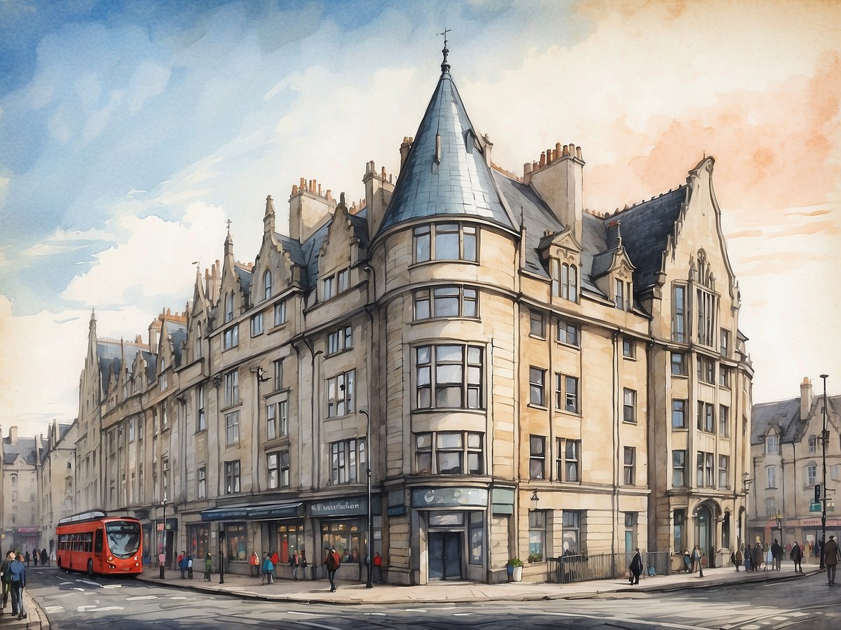 Das Bild zeigt das Copthorne Hotel Aberdeen, ein historisches Gebäude mit einer charakteristischen Fassade aus Sandstein und einem markanten Dach. Es befindet sich an einer Straßenecke, umgeben von weiteren ansprechenden Gebäuden im viktorianischen Stil. Vor dem Hotel fährt ein roter Bus vorbei, während Passanten die Straße entlanglaufen. Der Himmel ist leicht bewölkt, und die Atmosphäre wirkt einladend und lebhaft.