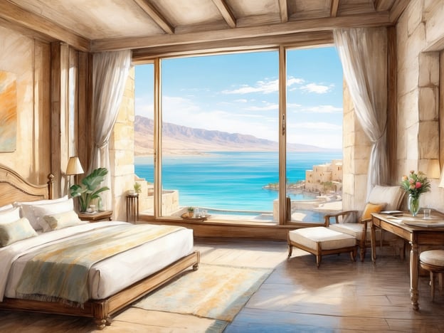 Auf dem Bild ist ein luxuriöses Zimmer mit einem großflächigen Fenster zu sehen, das einen atemberaubenden Blick auf das Tote Meer und die umliegende Landschaft bietet. Die Einrichtung wirkt elegant und einladend, mit einem großen Bett, einem Schreibtisch und einem gemütlichen Sessel. Die warmen Farbtöne und das natürliche Licht schaffen eine entspannte Atmosphäre, die ideal für einen Aufenthalt im Leonardo Plaza Dead Sea wäre. Dieses Hotel ist bekannt für seinen erstklassigen Service, schöne Zimmer und direkten Zugang zum Toten Meer, was es zu einem beliebten Ziel für Erholungssuchende macht.