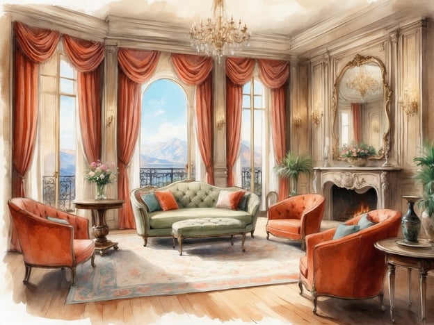 Auf dem Bild ist ein elegantes Wohnzimmer zu sehen, das durch viel Licht und einen atemberaubenden Ausblick besticht. Große Fenster mit schweren, roten Vorhängen öffnen den Raum zur Außenwelt und lassen eine malerische Landschaft sichtbar werden. 

Die Einrichtung ist geschmackvoll: Ein grünes Sofa mit dekorativen Kissen, kombiniert mit leuchtend roten Sessel, die einen einladenden Kontrast bieten. In der Mitte des Raumes befindet sich ein runder Tisch mit einer Blumenvase, die das Ambiente auflockert. 

Ein beleuchteter Kamin und ein großer Spiegel an der Wand tragen zur Gemütlichkeit und zum stilvollen Ambiente bei. Pflanzen in den Ecken unterstützen die frische Atmosphäre des Zimmers. Insgesamt vermittelt dieser Raum ein Gefühl von Luxus und Komfort.