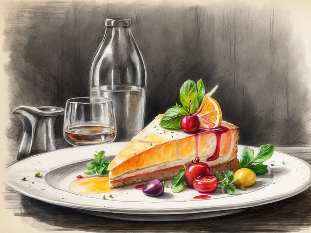 Auf dem Bild sind exquisite Speisemöglichkeiten zu sehen. Im Vordergrund ist ein Stück Käsekuchen, kunstvoll garniert mit einer Scheibe Orange, frischen Beeren und einem leichten Fruchtsirup. Um den Kuchen herum sind dekorative Kräuter und kleine Tomaten angerichtet, was dem Gericht eine ansprechende Farbvielfalt verleiht. Im Hintergrund stehen ein Glas mit einer alkoholischen Getränk und eine Flasche Wasser, die die elegante Präsentation des Desserts perfekt abrundet.