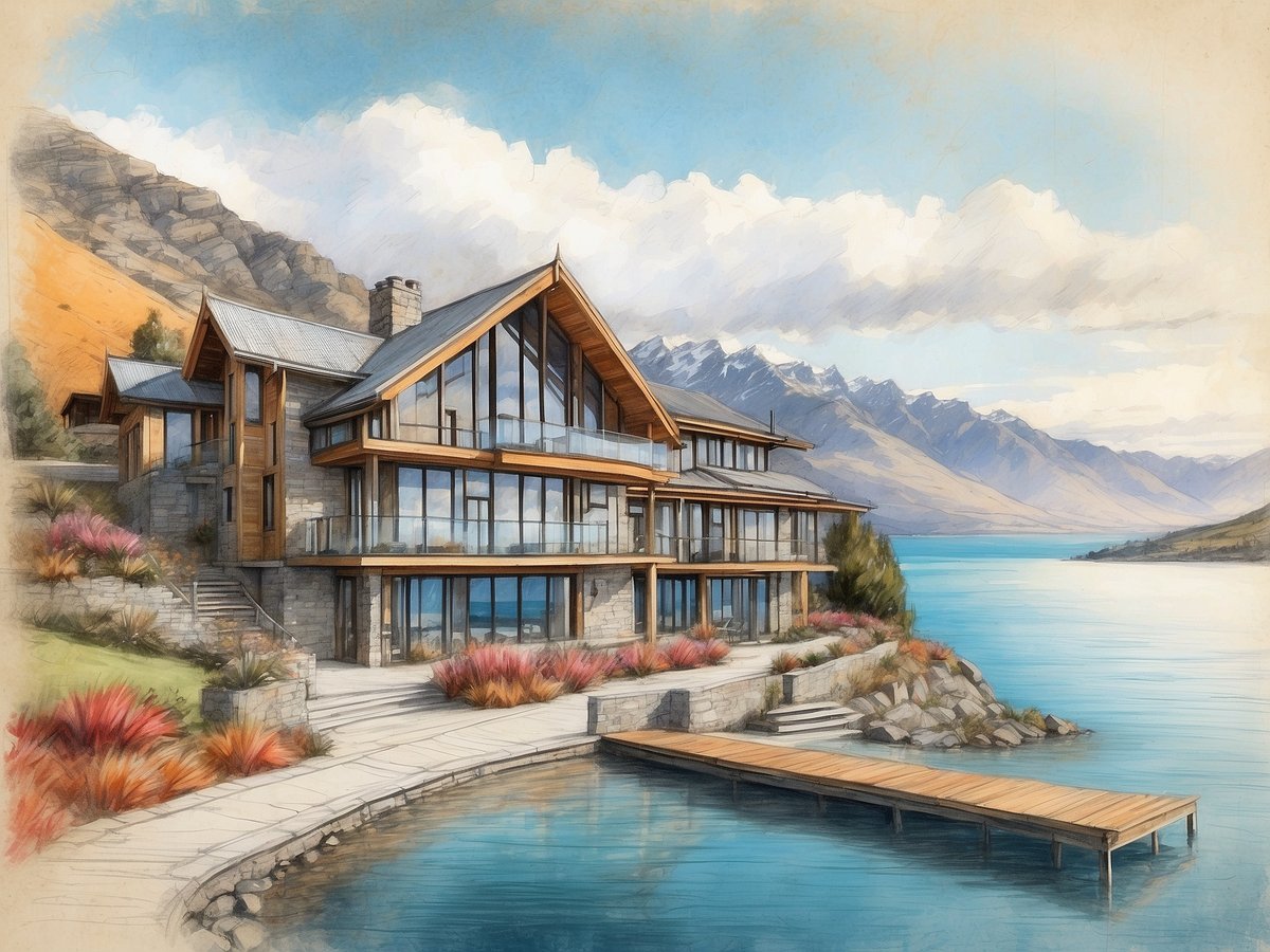 Das Bild zeigt das Copthorne Hotel and Resort Queenstown Lakefront an einem malerischen See mit bergiger Landschaft im Hintergrund. Die Architektur des Hotels ist modern und ansprechend, mit großen Fenstern, die einen Blick auf das Wasser und die Berge bieten. Im Vordergrund befindet sich eine Holzplattform, die ins Wasser ragt, umgeben von gepflegten Gärten mit bunten Pflanzen. Der Himmel ist blau mit einigen Wolken, was eine ruhige und einladende Atmosphäre schafft.