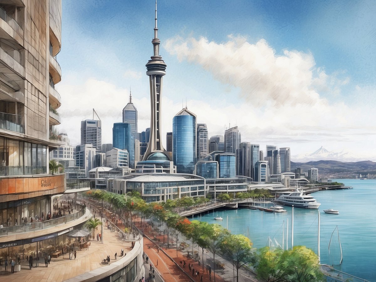 Das Bild zeigt eine malerische Aussicht auf die Skyline von Auckland mit dem ikonischen Sky Tower im Zentrum. Umgeben von modernen Wolkenkratzern spiegelt sich das helle Wasser des Hafens in der Sonne. An den Ufern sind Spaziergänger zu sehen, die entlang einer lebhaften Promenade flanieren, gesäumt von Bäumen und Restaurants. Im Hintergrund sind schneebedeckte Berge zu erkennen, die dem Bild eine natürliche Kulisse verleihen.