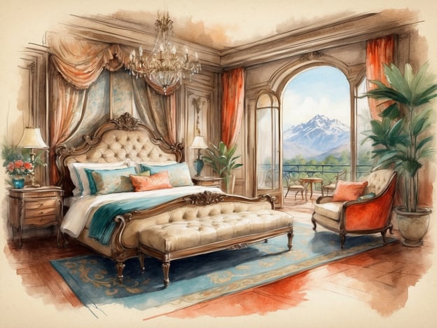 Auf dem Bild ist eine luxuriöse Schlafzimmer-Suite zu sehen, die elegant gestaltet ist. Die Einrichtung ist im klassischen Stil gehalten, mit einem großen, gepolsterten Bett und einer bequemen Sitzgelegenheit. Die Fenster bieten einen atemberaubenden Ausblick auf majestätische Berge. Zudem sind Pflanzen und elegante Vorhänge vorhanden, die eine gemütliche Atmosphäre schaffen. Solch eine Suite könnte durchaus die Zimmer und Suiten von Hotel Botanica in Haifa repräsentieren, die für ihren Komfort und ihre stilvolle Einrichtung bekannt sind.