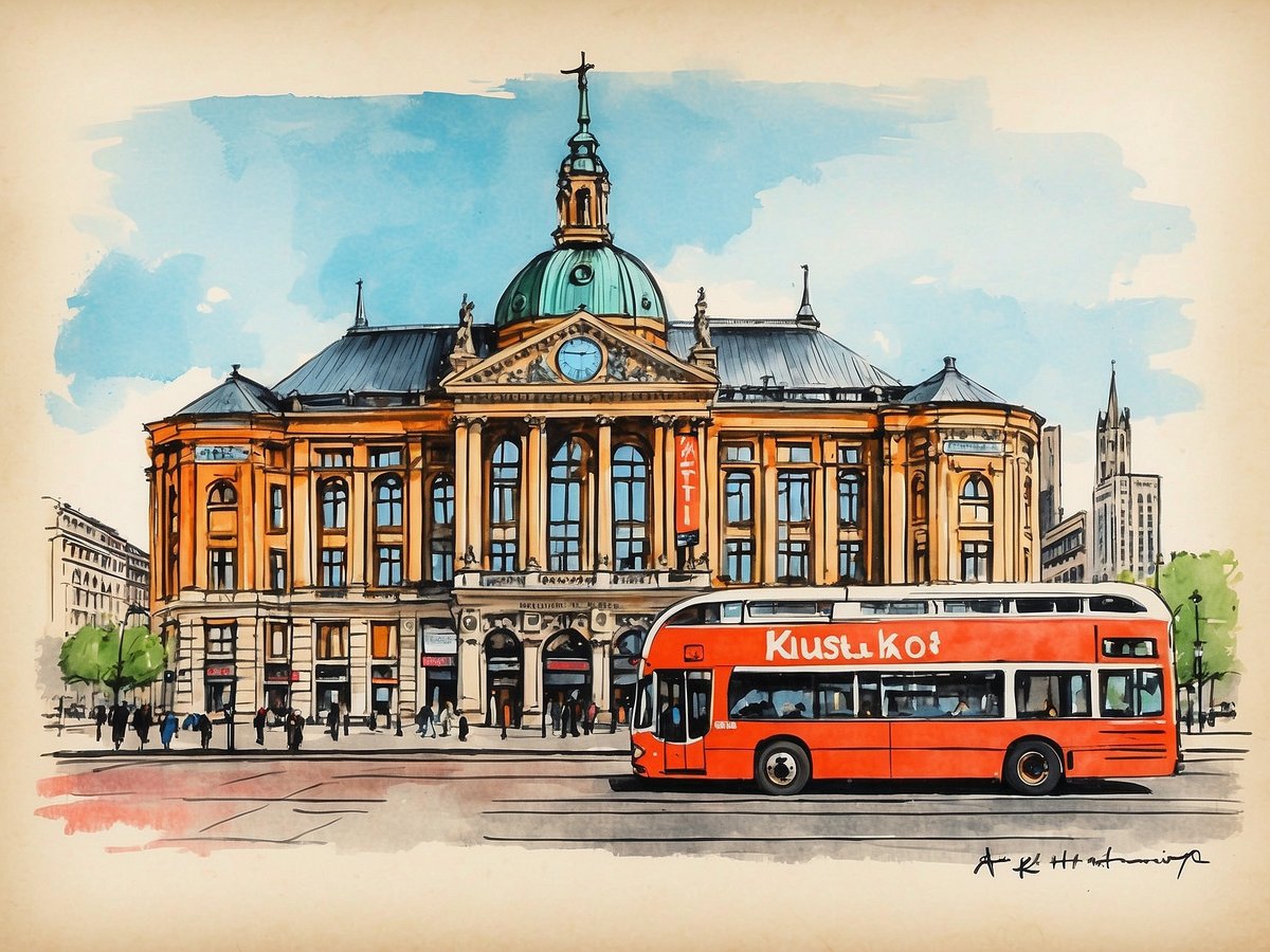 Die Abbildung zeigt die Deichtorhallen Hamburg, ein historisches Gebäude mit einer markanten Architektur. Die Fassade ist orangefarben mit großen Fenstern und einer attraktiven Kuppel. Vor dem Gebäude steht ein roter Bus mit dem Schriftzug Kuustu Ko, während Fußgänger die Umgebung beleben. Im Hintergrund sind weitere Gebäude und ein blauer Himmel zu sehen, was der Szene einen lebendigen Eindruck verleiht.