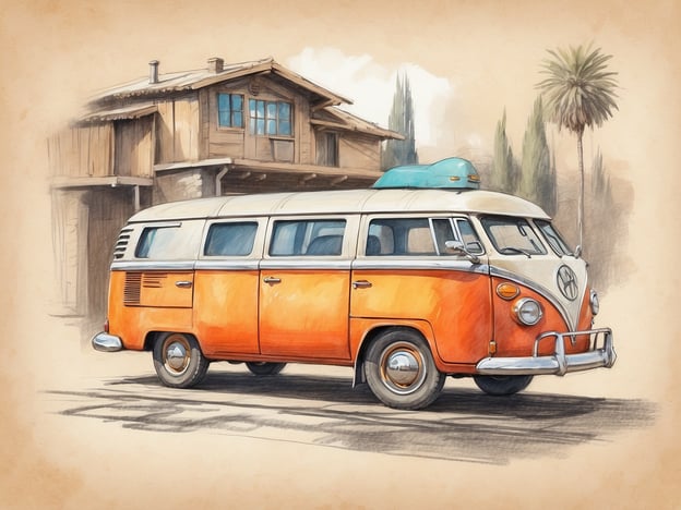 Auf dem Bild ist ein orangefarbener VW-Bus zu sehen, der vor einem rustikalen Holzhaus steht. Der Bus hat eine charakteristische Form mit einer zweifarbigen Lackierung und einer Dachbox, die für Reisen genutzt werden kann. Die Umgebung ist sonnig mit Palmen im Hintergrund, was auf eine entspannte und sommerliche Atmosphäre hinweist. Insgesamt vermittelt das Bild ein Gefühl von Abenteuer und Freiheit, typischerweise verbunden mit dem Reisen.