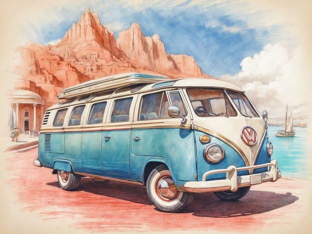 Auf dem Bild ist ein klassischer blauer Volkswagen Bus zu sehen, der in einer malerischen Landschaft geparkt ist. Im Hintergrund ragen beeindruckende rote Felsen und Berge empor, während sich in der Nähe das Wasser mit Segelbooten widerspiegelt. Der Himmel ist heller, mit einigen Wolken. Das Gesamtbild vermittelt ein Gefühl von Abenteuer und Nostalgie, ideal für Reisen in die Natur.