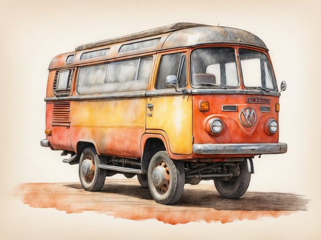 Auf dem Bild ist ein orangefarbenes VW-Bus zu sehen. Es handelt sich um ein klassisches Transportfahrzeug, das häufig für Reisen oder Camping genutzt wird. Der VW-Bus hat Fenster auf der Seite und ein charakteristisches Design, das ihn zu einem beliebten Fahrzeug für Roadtrips macht. Die Ausstattung könnte typischerweise Schlafmöglichkeiten, Stauraum und eine kleine Küche umfassen, die in solchen Fahrzeugen häufig integriert sind.