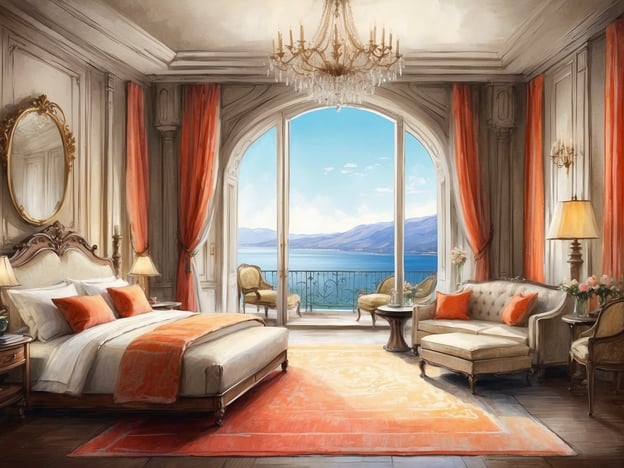 Auf dem Bild ist ein elegantes Zimmer zu sehen, das eine luxuriöse Suite darstellt. Die Suite hat große Fenster mit Aussicht auf eine malerische Landschaft, wahrscheinlich einen See und Berge. Das Schlafzimmer ist mit einem großen Bett ausgestattet, das mit bequemen Kissen dekoriert ist. Es gibt warme Farbtöne, wie Orange und Creme, die durch Vorhänge und Teppiche hervorgehoben werden. Neben dem Bett stehen zwei Nachttische mit Lampen. Ein Wohnbereich ist ebenfalls vorhanden, mit einem Sofa und Sessel, die einladend wirken. Insgesamt vermittelt das Bild einen Eindruck von Komfort und Stil in einer hochwertigen Unterkunft.