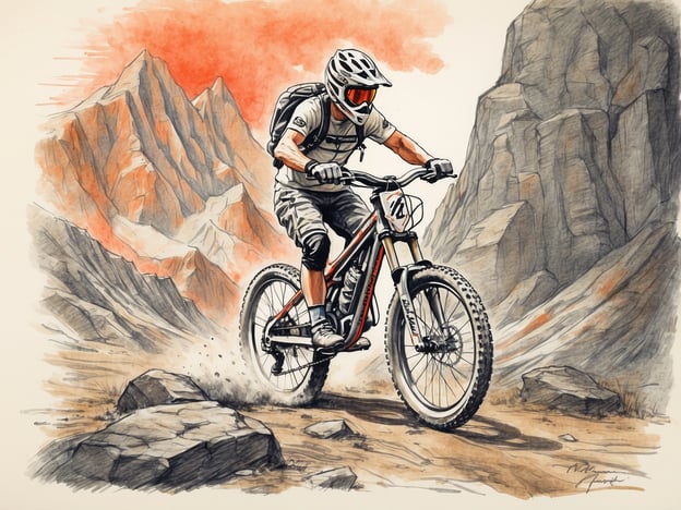 Auf dem Bild ist ein Mountainbiker zu sehen, der auf einem felsigen und unebenen Gelände fährt. Die Szene ist von majestätischen Bergen im Hintergrund umgeben. Der Biker trägt einen Helm und Schutzkleidung und hat eine sportliche Haltung auf dem Fahrrad. Die Farben im Bild sind lebhaft, mit roten und grauen Tönen, die die dynamische Atmosphäre des Mountainbikens in der Natur wiedergeben.