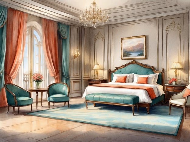 Auf dem Bild ist ein elegantes Schlafzimmer mit einem luxuriösen Design zu sehen. Die Wände sind hell gestrichen, und es gibt reich verzierte Elemente. Das Bett hat eine stilvolle Kopfteil und ist mit bunten Kissen dekoriert. Neben dem Bett stehen zwei Nachttische mit Lampen. 

Im Raum befinden sich auch zwei grüne Sessel und ein kleiner Tisch, auf dem eine Blumenvase steht. Große Fenster mit üppigen Vorhängen lassen viel Licht hinein. Insgesamt vermittelt der Raum eine schöne und einladende Atmosphäre.