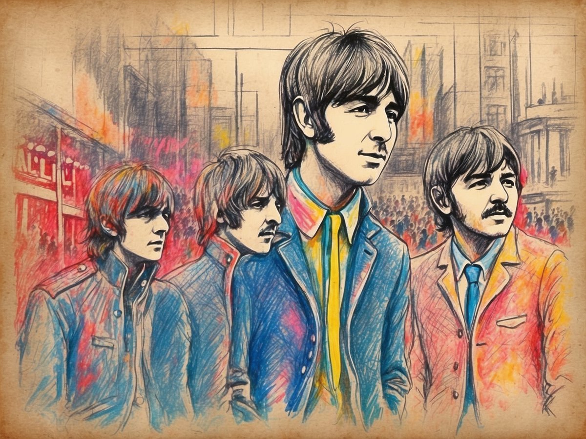 Vier stilisierte Männer stehen nebeneinander auf dem Beatles-Platz in Hamburg. Sie haben Haarschnitte im typischen Stil der sechziger Jahre und tragen modische Jacken in verschiedenen Farben. Im Hintergrund sind unscharfe Silhouetten von Menschen und Gebäude zu sehen, die eine lebendige Atmosphäre schaffen. Die Zeichnung ist farbenfroh und vermittelt ein nostalgisches Gefühl, das an die Zeit der Beatles erinnert.