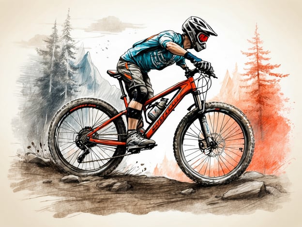 Auf dem Bild ist ein Mountainbiker zu sehen, der auf einem unebenen, steinigen Terrain fährt. Der Biker trägt einen Helm und eine Schutzbrille und ist in sportlicher Kleidung gekleidet. Er bewegt sich energisch auf einem orangefarbenen Mountainbike, während im Hintergrund Bäume und eine bergige Landschaft skizziert sind. Die Darstellung hat einen künstlerischen, skizzenhaften Stil mit farblichen Akzenten in Rot und Blau.