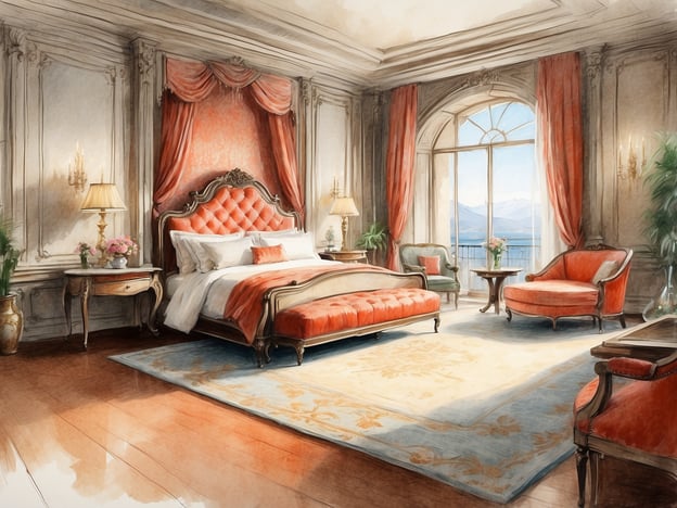 Auf dem Bild ist ein elegantes Zimmer zu sehen, das als Suite gestaltet ist. Es gibt ein großes, gepolstertes Bett mit einer auffälligen Rückenlehne in einer warmen Farbe. Die Einrichtung umfasst stilvolle Sessel und einen kleinen Tisch, sowie einen Nachttisch mit dekorativen Elementen. Große Fenster bieten einen Blick nach draußen und lassen viel Tageslicht herein. Die Wände sind geschmackvoll dekoriert, was dem Raum eine luxuriöse Atmosphäre verleiht. Die Verwendung von sanften Farben und stilvollen Möbeln unterstreicht das gehobene Ambiente der Suite.