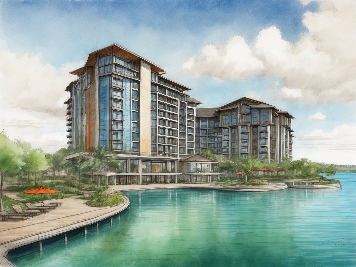 Eine künstlerische Darstellung des Copthorne Lakeview Executive Apartments in der Green Community. Im Vordergrund ist ein ruhiger Wasserbereich zu sehen, der von einem Ufer mit Holzplanken und Liegen umgeben ist. Rote Sonnenschirme stehen in der Gartenlandschaft, die mit üppigem Grün gestaltet ist. Im Hintergrund erheben sich moderne, mehrstöckige Gebäude mit großen Fenstern und einem einladenden Design. Der Himmel ist teilweise bewölkt und sorgt für eine helle, freundliche Atmosphäre.