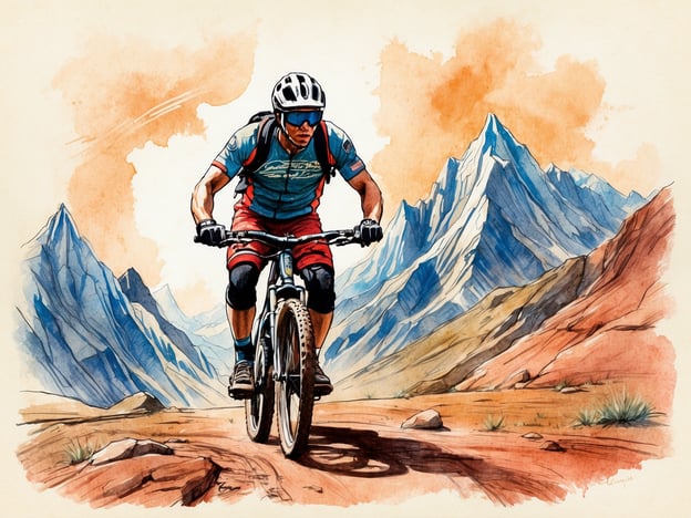 Auf dem Bild ist ein Mountainbiker zu sehen, der durch eine gebirgige Landschaft fährt. Diese Szene erinnert an die Anfänge des Mountainbikings in den späten 1970er und frühen 1980er Jahren, als Radfahrer anfingen, modifizierte Fahrräder abseits der Straßen in den Hügeln Kaliforniens zu nutzen. Die Verwendung von robusten Fahrrädern, die für unbefestigte Wege geeignet sind, sowie die Freude an der Natur und an neuen Herausforderungen zeichneten diese Pionierzeit des Sports aus.