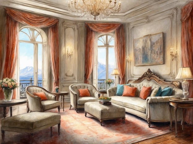 Auf dem Bild ist ein elegantes Zimmer zu sehen, das als Salon oder Aufenthaltsraum gestaltet ist. Es ist hell und großzügig, mit großen Fenstern, die einen Blick auf die Landschaft bieten. Die Möbel sind stilvoll, darunter eine bequeme Couch und stilvolle Sessel, die mit farbigen Kissen dekoriert sind. Ein schöner Teppich und eine prunkvolle Decke mit einem Kronleuchter tragen zur luxuriösen Atmosphäre bei. Die Wände sind geschmackvoll dekoriert, und Blumenarrangements auf den Tischen verleihen dem Raum einen frischen Akzent. Dieses Ambiente könnte auch Teil einer Suite in einem gehobenen Hotel sein.