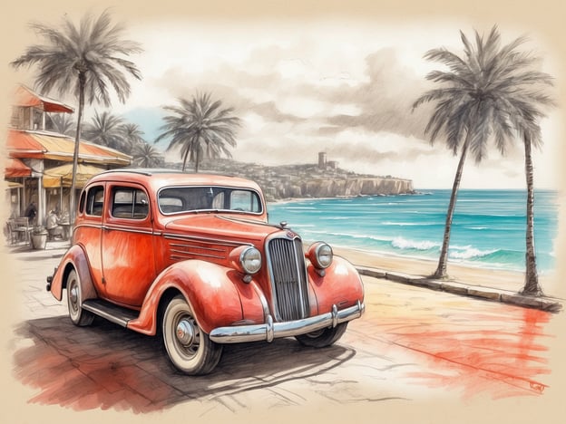 Auf dem Bild sieht man ein rotes Oldtimer-Auto, das an einem Strandparkplatz steht. Im Hintergrund sind Palmen und das Meer zu sehen, sowie eine Küstenlinie mit einer Felsenformation. In der Nähe könnte es Sehenswürdigkeiten wie Promenaden, Strandcafés oder Strandclubs geben, die typisch für Küstenorte sind. Solche Orte bieten oft schöne Ausblicke auf das Wasser sowie Möglichkeiten, die lokale Kultur zu genießen.