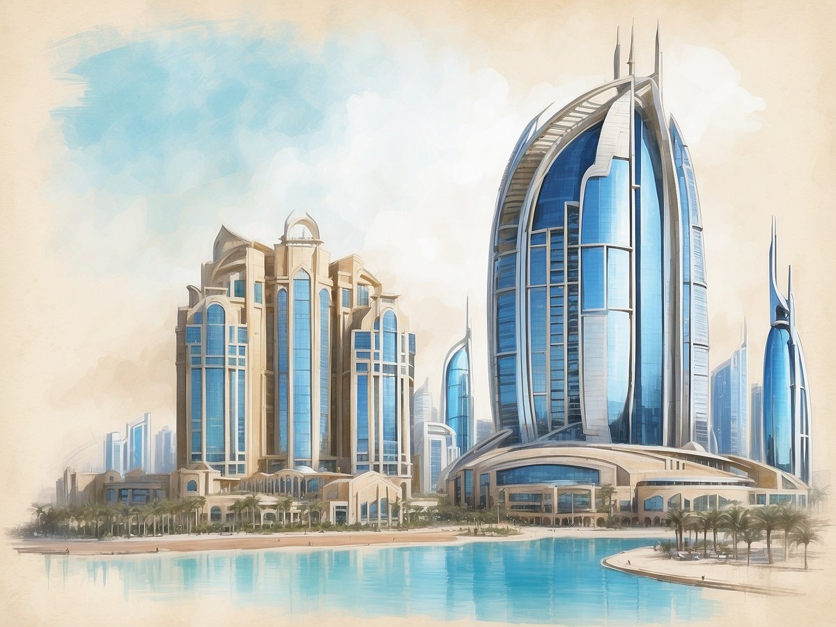 Das Bild zeigt das Grand Millennium Business Bay, ein modernes Hochhaus in Dubai. Die Architektur zeichnet sich durch große glasüberzogene Fassaden und futuristische Formen aus. Im Vordergrund verläuft ein Wasserbereich mit Palmen, der eine entspannende Atmosphäre vermittelt. Das Gebäude ist umgeben von anderen wolkenkratzerähnlichen Bauwerken, die die urbane Umgebung der Stadt widerspiegeln. Der Himmel ist blau mit einigen Wolken, was dem Gesamteindruck eine helle und einladende Stimmung verleiht.