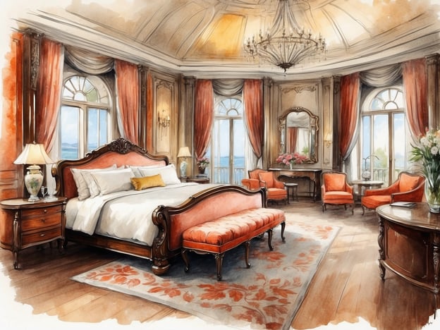 Auf dem Bild ist ein elegantes Schlafzimmer zu sehen, das durch eine luxuriöse und einladende Atmosphäre besticht. Der Raum ist mit einem großen, gepolsterten Bett ausgestattet, das mit hochwertigen Kissen und Decken dekoriert ist. Neben dem Bett befinden sich stilvolle Nachttische mit aufwendig gestalteten Tischlampen und dekorativen Elementen.

Die Fenster lassen viel Tageslicht herein und bieten eine schöne Aussicht, was für eine angenehme Beleuchtung sorgt. Die eleganten Vorhänge und der aufwendig gestaltete Kronleuchter tragen zur opulenten Stimmung des Zimmers bei. Auf der gegenüberliegenden Seite stehen gemütliche Sessel, die einladend wirken und zum Entspannen einladen. Ein dekorativer Teppich und ein kleiner Couchtisch vervollständigen das Bild, während frische Blumen für einen dekorativen Akzent sorgen.

Insgesamt vermittelt der Raum ein Gefühl von Komfort und Stil, ideal für einen erholsamen Aufenthalt mit Annehmlichkeiten wie einer ruhigen Leseecke oder romantischen Abenden.