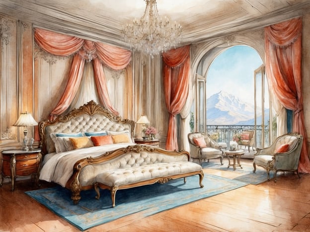 Auf dem Bild ist ein elegantes Schlafzimmer zu sehen. Es gibt ein großes, opulent gestaltetes Bett mit verschiedenen Kissen und zwei Nachttische. Die Wände sind aufwendig dekoriert, und es hängen lange, schöne Vorhänge. In der Suite befinden sich auch eine gemütliche Sitzgruppe mit zwei Stühlen und einem kleinen Tisch, sowie ein Blick auf eine beeindruckende Berglandschaft durch große Fenster. Der Raum strahlt eine luxuriöse Atmosphäre aus und könnte ideal für entspannende Aufenthalte sein.