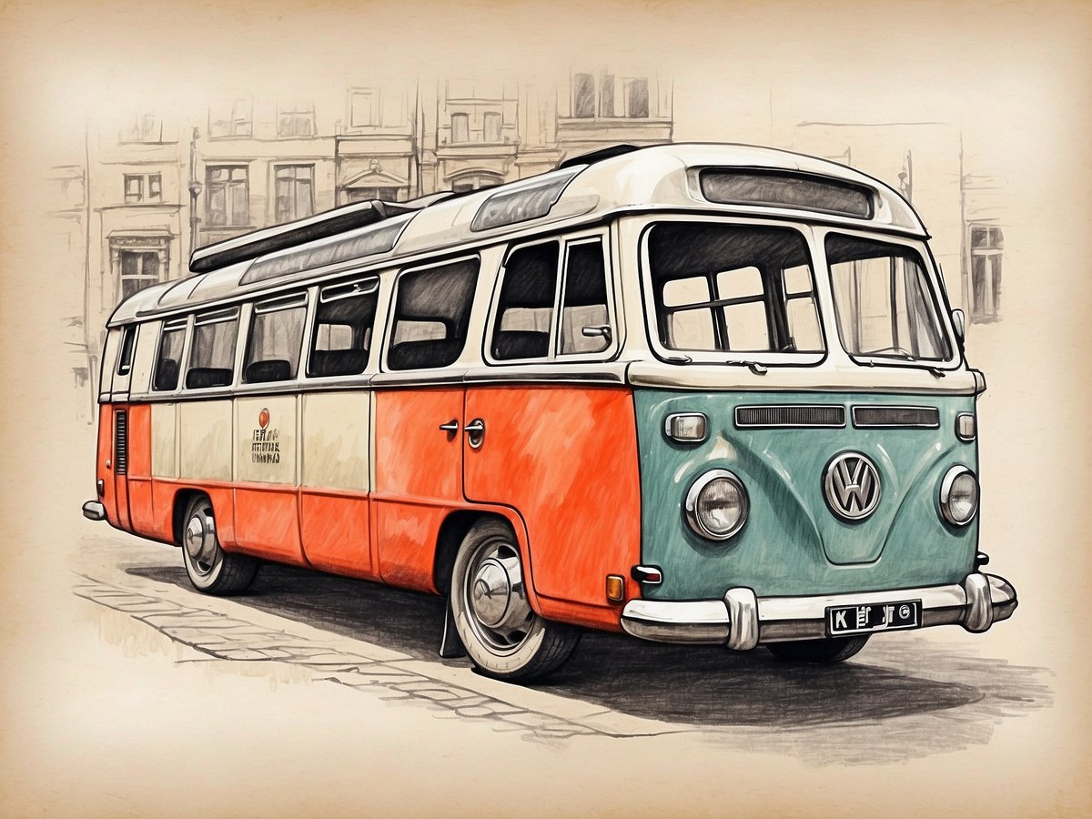 Auf dem Bild ist ein bunter Volkswagen Bus zu sehen, der in der Mitte der Aufnahme steht. Der Bus hat eine auffällige Farbgebung in Orange und Grün, mit einer weißen Linie zwischen den Farben. Die Frontpartie ist hauptsächlich in Grün gehalten, mit dem emblematischen Volkswagen Zeichen. Im Hintergrund sind unscharfe, historische Gebäude zu erkennen, die auf eine städtische Umgebung hinweisen. Der Bus vermittelt ein nostalgisches Gefühl und erinnert an vergangene Zeiten. Die gesamte Komposition hat einen skizzenhaften, künstlerischen Stil, der die Details des Fahrzeugs hervorhebt.
