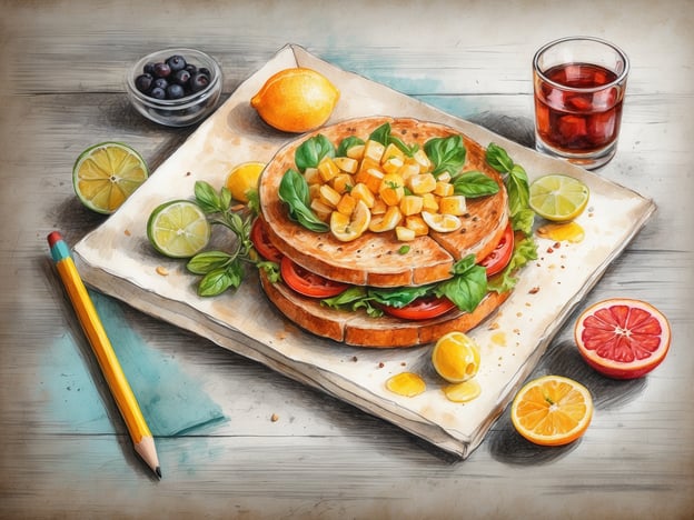 Auf dem Bild ist ein appetitlicher Sandwich-Teller zu sehen. Der Sandwich besteht aus verschiedenen Schichten und ist mit frischen Zutaten wie Tomaten und Basilikum belegt. Darüber hinaus sind frische Früchte wie Zitronen, Limetten und ein paar Blaubeeren auf einem kleinen Teller arrangiert. Neben dem Sandwich steht ein Glas mit einem Getränk, das möglicherweise ein Tee oder eine Limonade ist, und es liegen ein paar weitere Früchte auf dem Tisch. Ein Bleistift und ein Stück Papier sind ebenfalls zu sehen, was eine kreative Atmosphäre schafft.