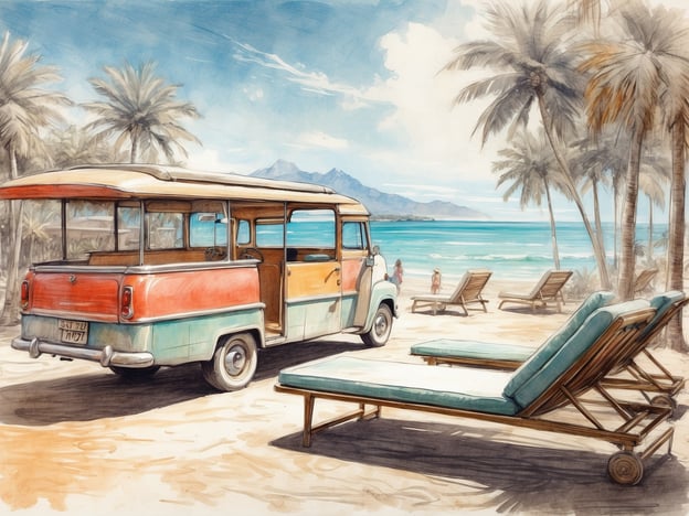 Auf dem Bild ist eine entspannte Strandlandschaft zu sehen. Im Vordergrund sind Liegen platziert, die zum Relaxen einladen. Eine nostalgische, bunte Fahrzeug steht in der Nähe, möglicherweise ein Kleinbus, der die Urlaubsstimmung unterstreicht. Im Hintergrund sieht man den Ozean und einige Menschen, die am Strand Spaß haben. Die Palmen sorgen für Schatten und eine tropische Atmosphäre, ideal für Freizeitaktivitäten wie Sonnenbaden, Schwimmen oder Strandspaziergänge.